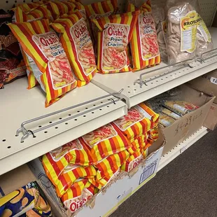 a variety of snacks on shelves
