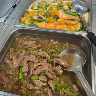 Pepper Steak and Ginataang Sitaw Kalabasa with Hipon