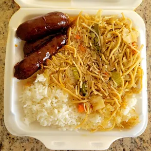 Longganisa, pancit and white rice.