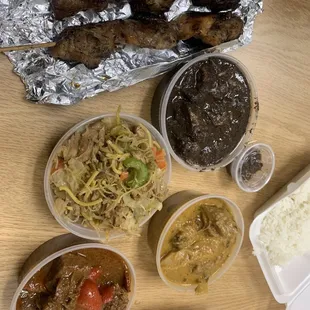 Pork bbq, chicken bbq, dinuguan, pancit, kare kare, beef calderetta.