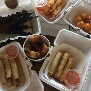 Bbq on a stick, tempura, lobster balls with sweet chilli sauce and lumpias