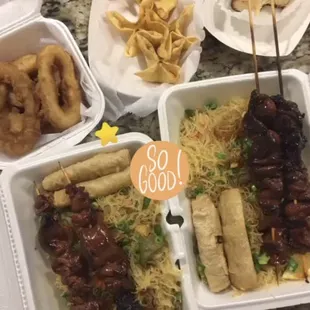 Pansit, bbq &amp; lumpia plate, calamari rings, caramel bar, crab rangoons