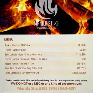 Menu Items: Chicken and Pork BBQ Stix, Veggie Pancit, Beef lumpia, Garlic Rice and Java Rice.