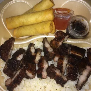 Combo#1: Liempo (grilled pork belly) with garlic rice and lumpia.