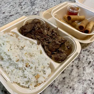 Combo meal:  Pork Adobo, Garlic Rice and Lumpia