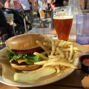 Quinoa veggie burger w cheddar &amp; fries.  A-frame amber ale