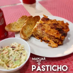 a plate of pasta and bread