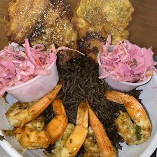 Jerk Shrimp bowl with black mushroom rice