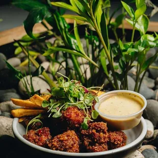 a plate of fried food with dipping sauce