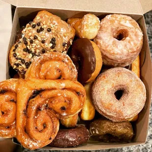 a variety of donuts in a box