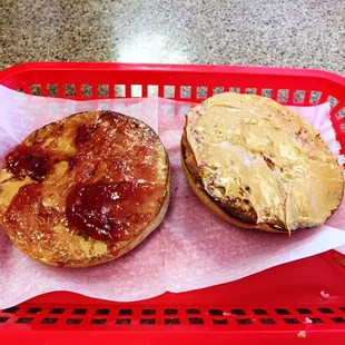Peanut &amp; Jelly on a wheat bagel...
