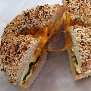 Ham,egg,cheese, jalapeños on everything bagel...
