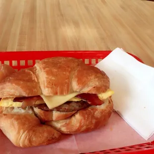 Sausage, egg, bacon, and cheese breakfast croissant!!!!