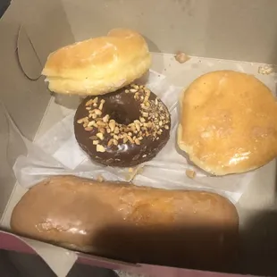 4 of 6 purchased (devils food cake, maple bar, glaze, raspberry filled)