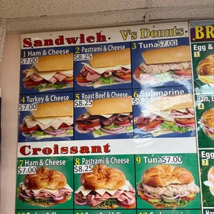 a menu for sandwiches