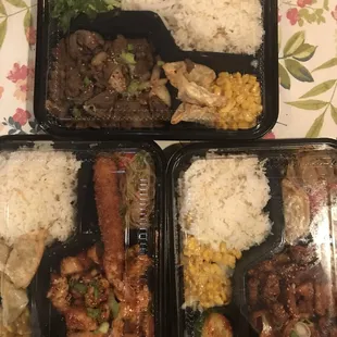 Steak, chicken, and spicy pork
