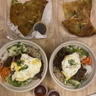 Steak Bulgogi Bibimbap and Haemul Pajeon (Korean Seafood Pancake)