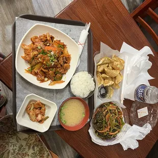 #22 fried spicy pork and #2 fried dumplings and radish kimchi