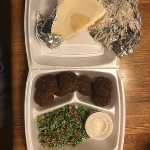 Falafel Sampler with Tabouleh Salad and Pita Bread (all super delicious with great flavor)