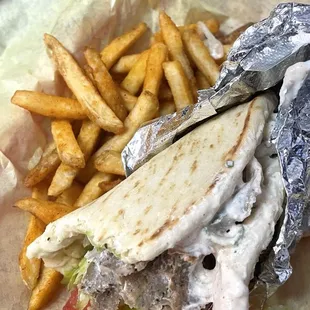 Traditional lamb &amp; beef gyros with fries.