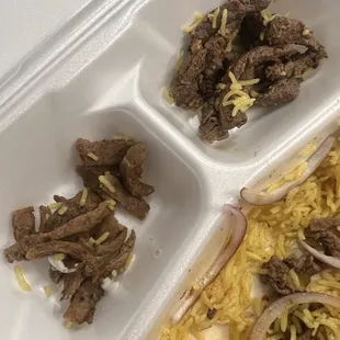 Too right is the beef I asked for.  Left is the lamb I didn&apos;t pay for.