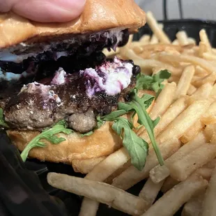 lamb burger with blueberry sauce and local goat cheese