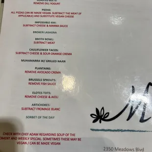 Vegan Menu