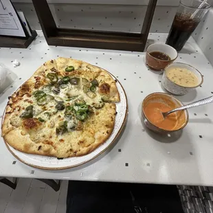 Pickle pizza, 3 soup sampler (tomatoe,clam chowder,beef broth).