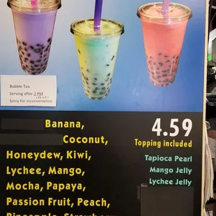 Bubble tea menu