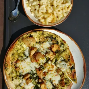 a plate of macaroni and cheese pizza and a bowl of macaroni and cheese