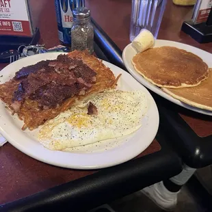Corned beef hash ($12.99). Side choice of pancakes or toast, obviously had to go with pancakes.