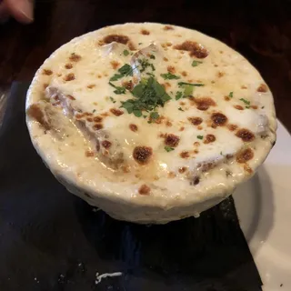Marsala-Flamed French Onion Soup with Fresh Mozzarella