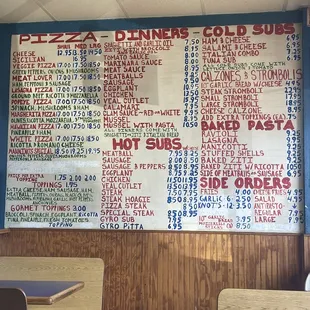 Current Menu from inside restaurant