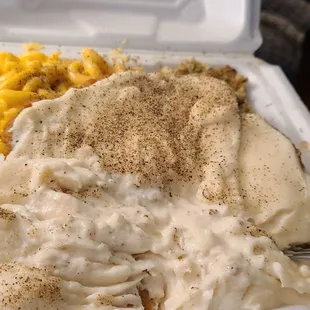Country Fried Steak w/white gravy, mac n' cheese and dressing.
