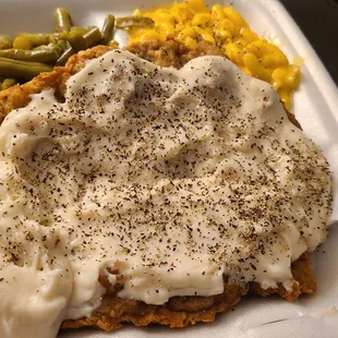 Country Fried Steak, Green Beans and Mac n' Cheese