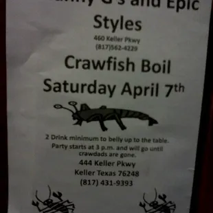 Crawfish boil this Saturday.