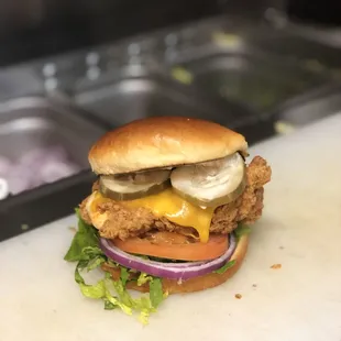 Succulent southern style fried chicken sandwich .