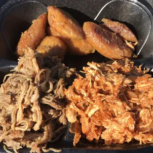 Pulled pork and shredded chicken with baked sweet plantains