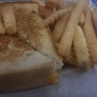 Who ordered this?? Ugh!! Grilled cheese. Lol hubby said it was aight. Fries were tasty