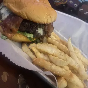 Double cheeseburger with bacon and side of fries