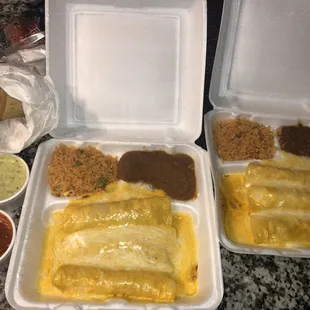 Shrimp Enchiladas with Refried Beans &amp; Mexican Rice. Complimentary Chips &amp; Salsas