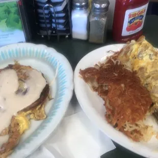Cinnamon bun French toast on the left, a DELICIOUS meat omelet and crispy hash browns on the right. So good!