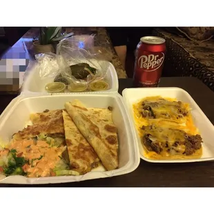 Asada quesadilla, tacos with cheese (my personal request on the tacos) Chile&apos;s machos, green salsa and a Dr. Pepper.