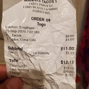 Receipt but no info on the tacos I ordered