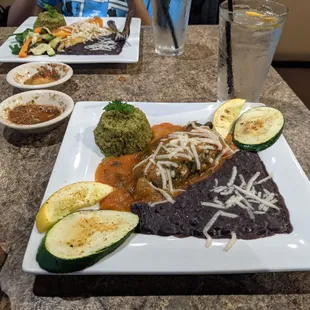 Vegan POBLANO RELLENO (bottom) and Vegan ENCHILADAS (top)