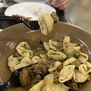 a plate of pasta and meat