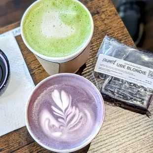 Matcha latte, ube latte, and salted brown butter ube blondie