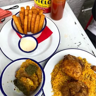 a variety of dishes of food on a table