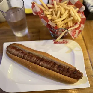 Bacon wrapped Hot Dog and Fries