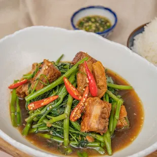 Stir Fry Morining Glory with Crispy Pork Belly